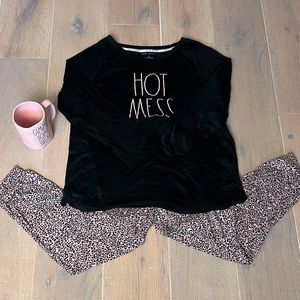 Rae Dunn 2 Piece Hot Mess Leopard Print Pajama Set Sz XL SOFT  W/ Signature Mug!